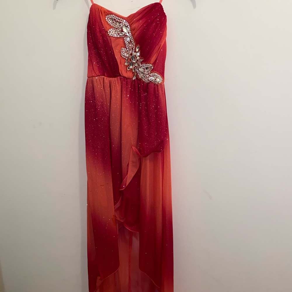 High low strapless sparkly dress
